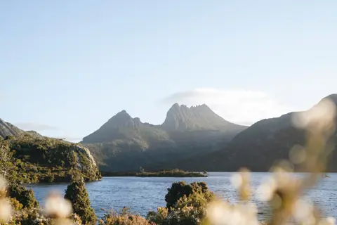 Sharp mountain peaks rise above a wide expanse of water with steep bushy banks.