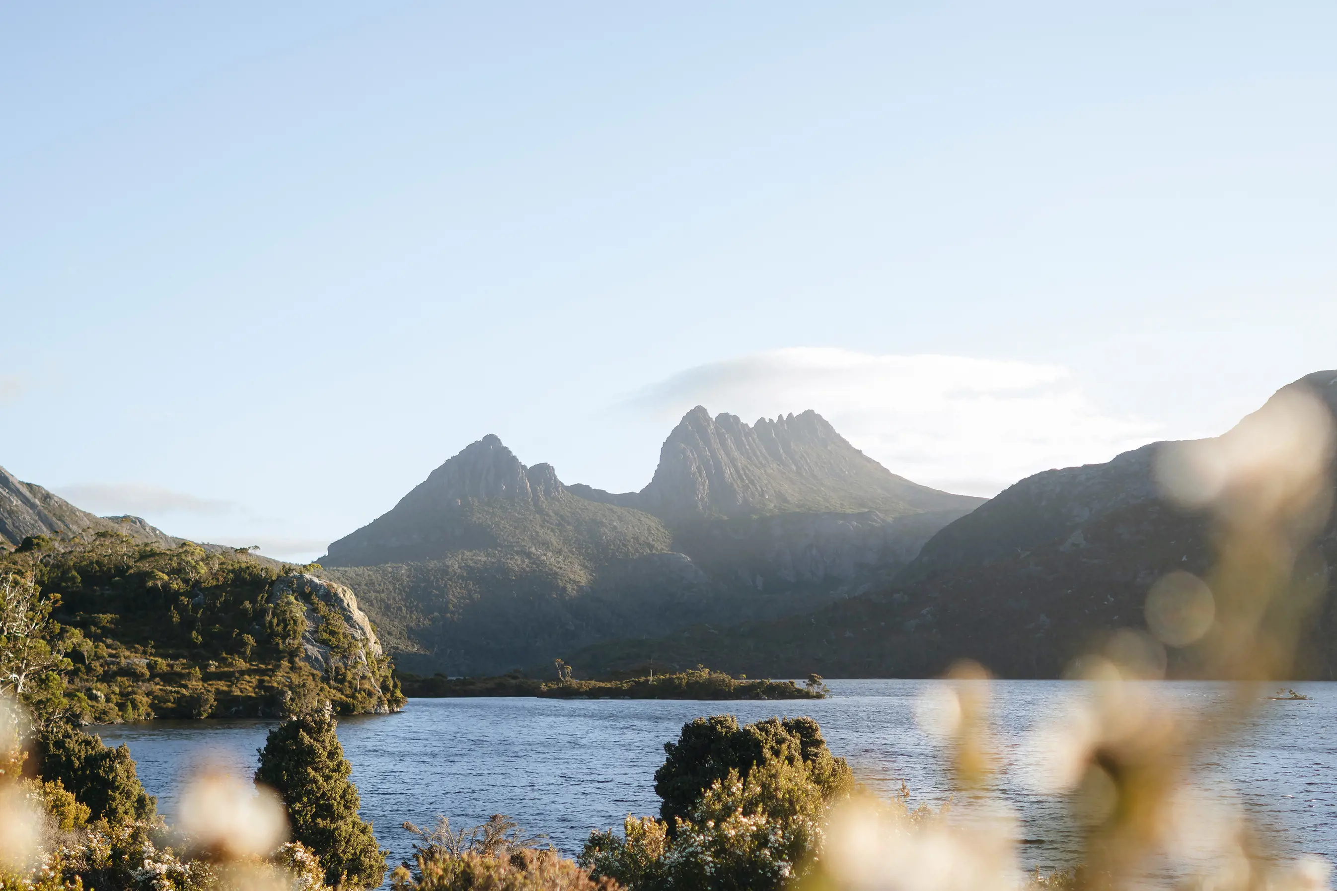 Sharp mountain peaks rise above a wide expanse of water with steep bushy banks.