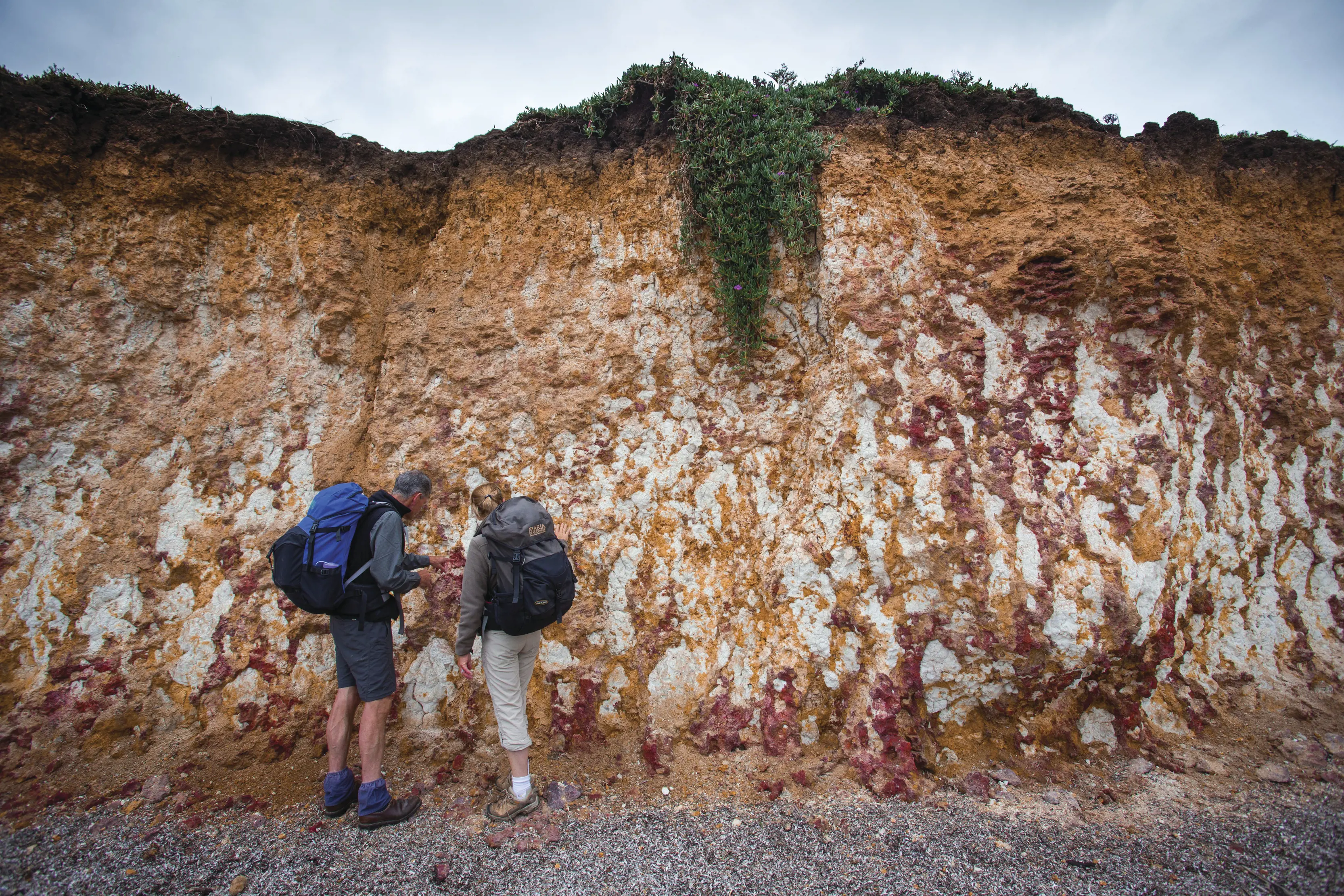 Two hikers standing infront of a small orange cliff on Maria Island National Park. 