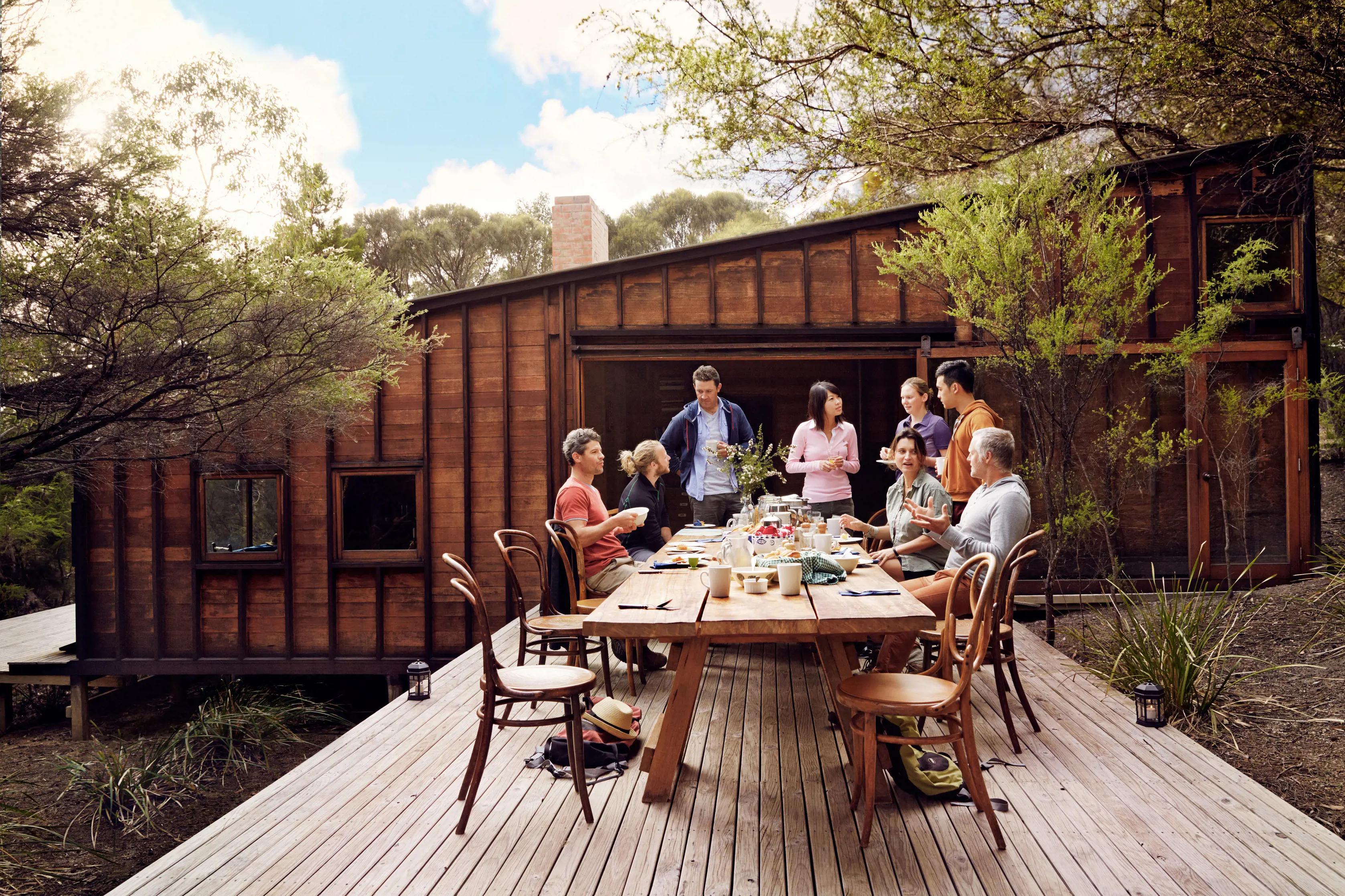 Freycinet Experience Walk guests enjoying lunch on the lodge deck