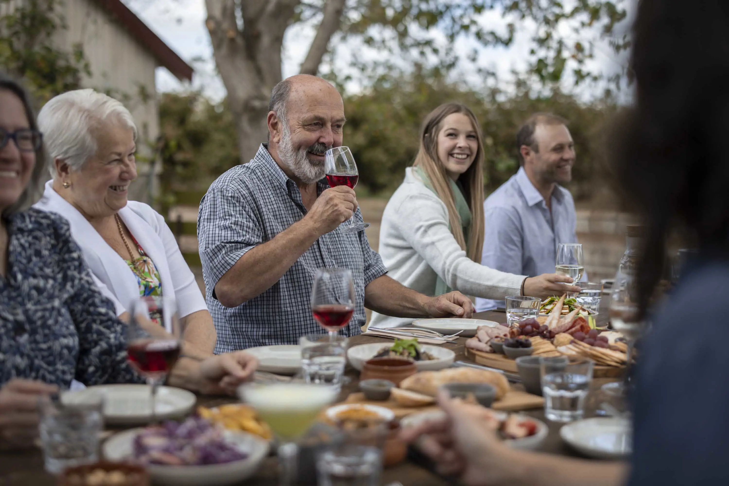 A large group of people of various ages sit around a large table filled with food, including cheese, crackers and fruits and drink wine.