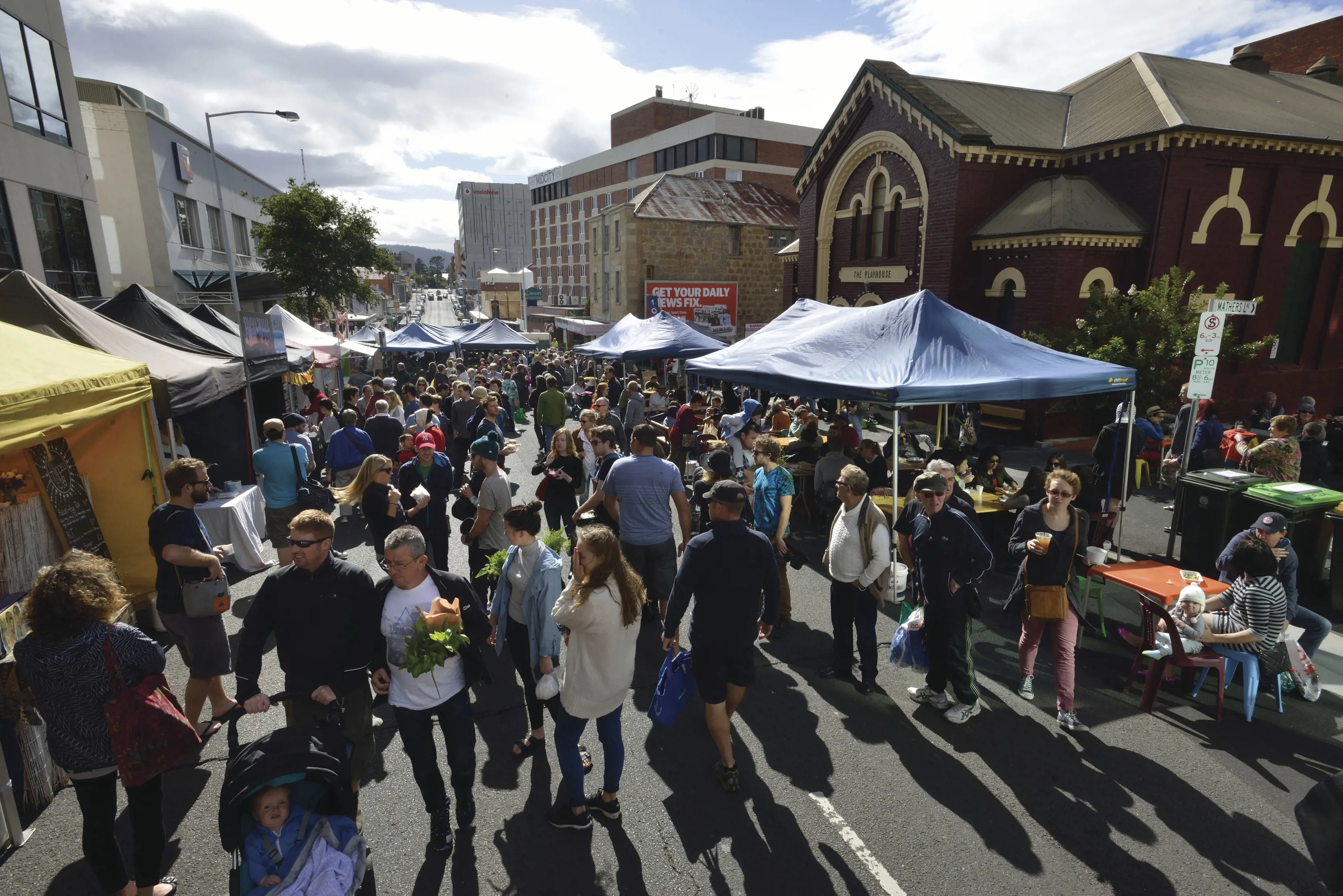 Bathurst Street, Hobart. Looking down Bathurst street and the morning hustle and bustle of the Hobart Farm Gate Market.