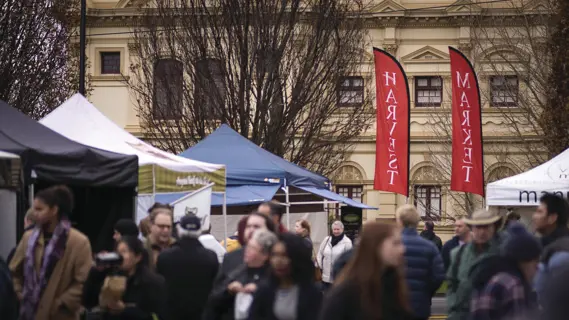 The busy stalls at Harvest Launceston Farmers' Market, in the Cimitiere Street Car Park.