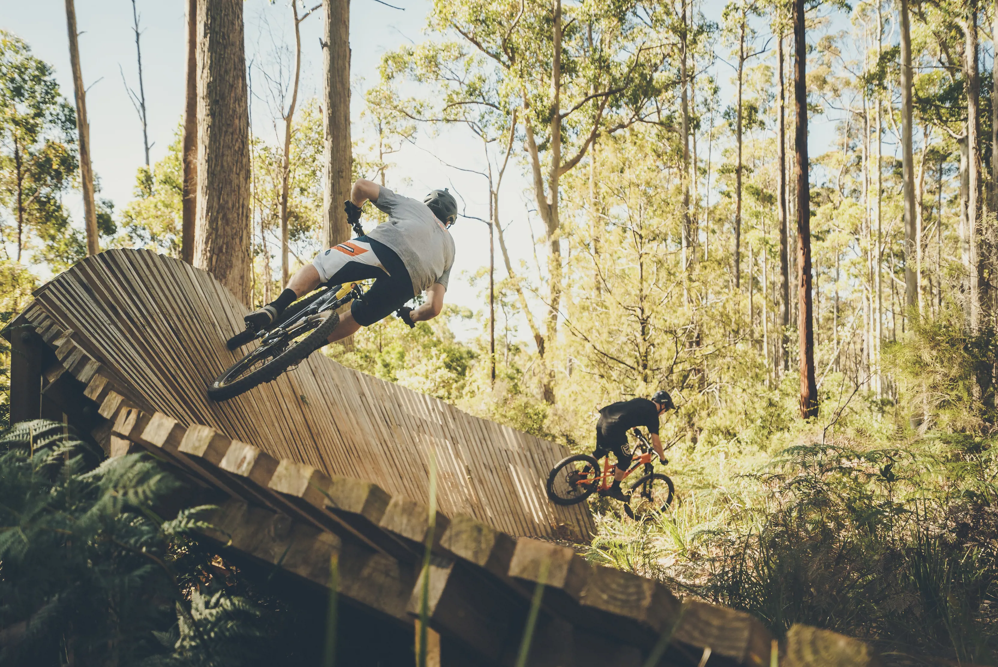 Cyclists ride on the skills area at Hollybank Mountain Bike Park