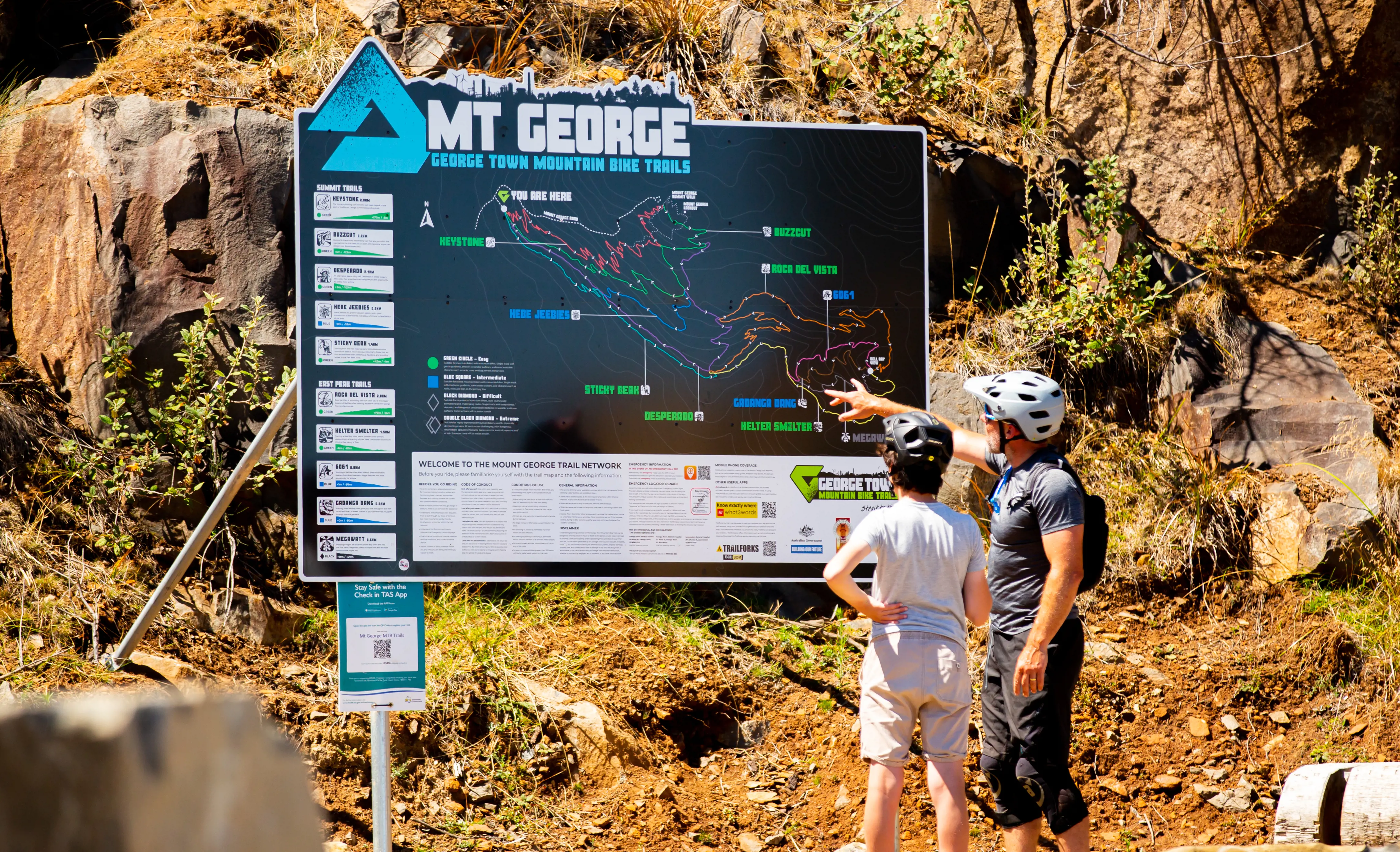 A father and son in riding gear look at Mt. George trail details on a large sign.