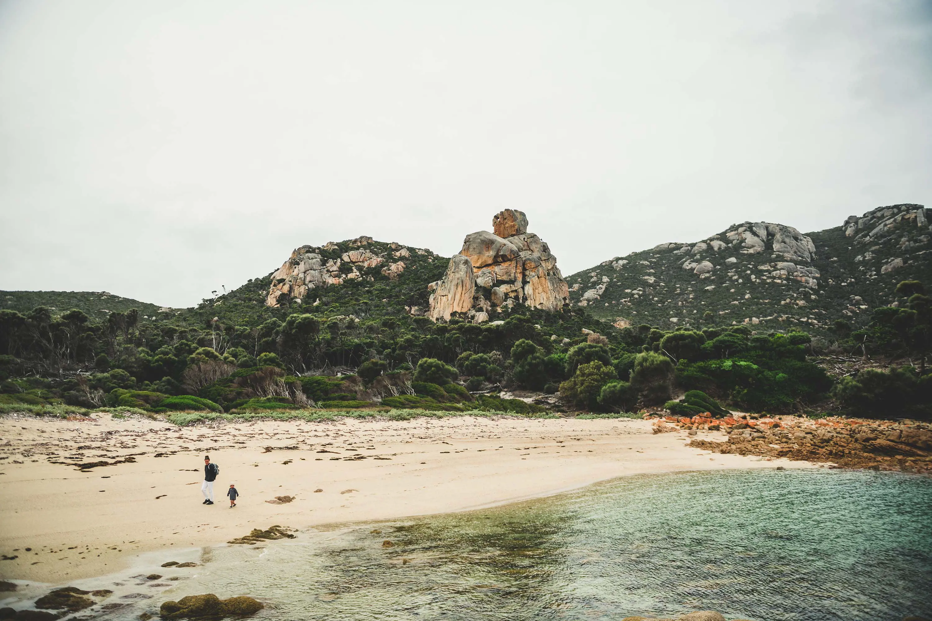 A beach landscape, with a striking rock formation where a large boulder balances on top of another rising out of dense dark green bush.