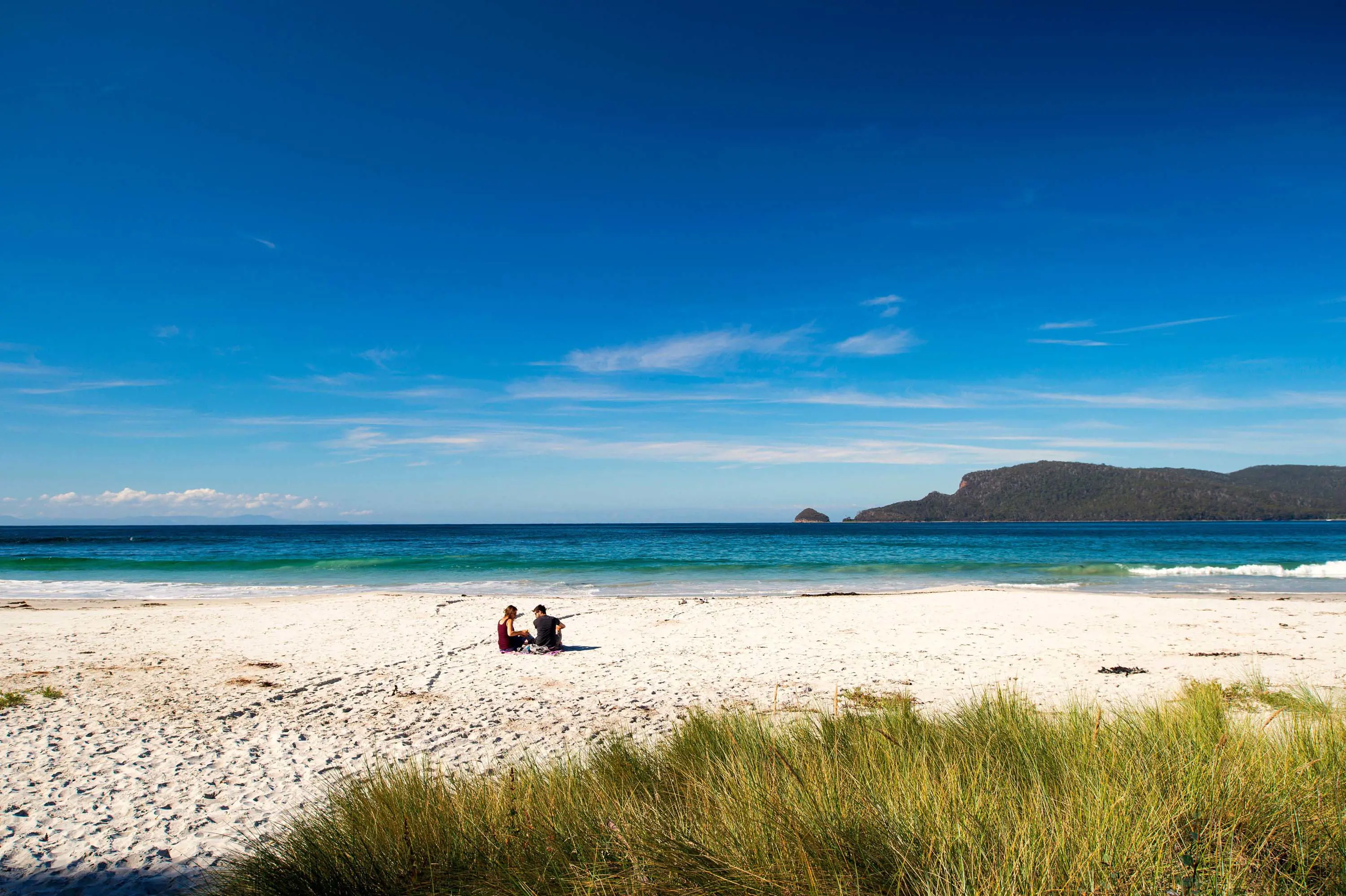 Looking over some seagrass, out onto a wide, still beach where two people sit on the sand looking over the water.