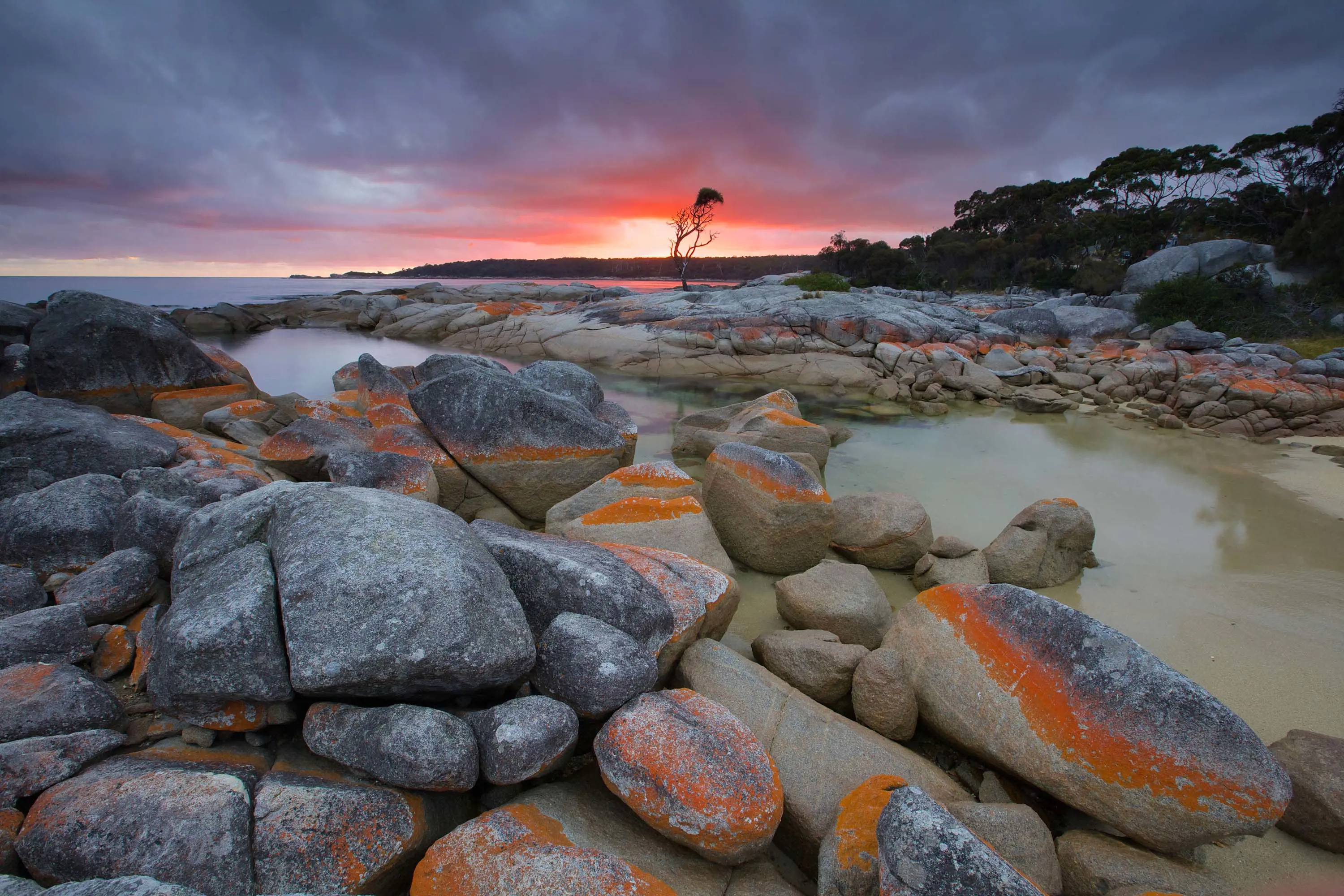 Grey rocks covered in bright orange lichen surround shallow sandy rockpools. A striking orange sunset shining through heavy clouds highlights the colours.