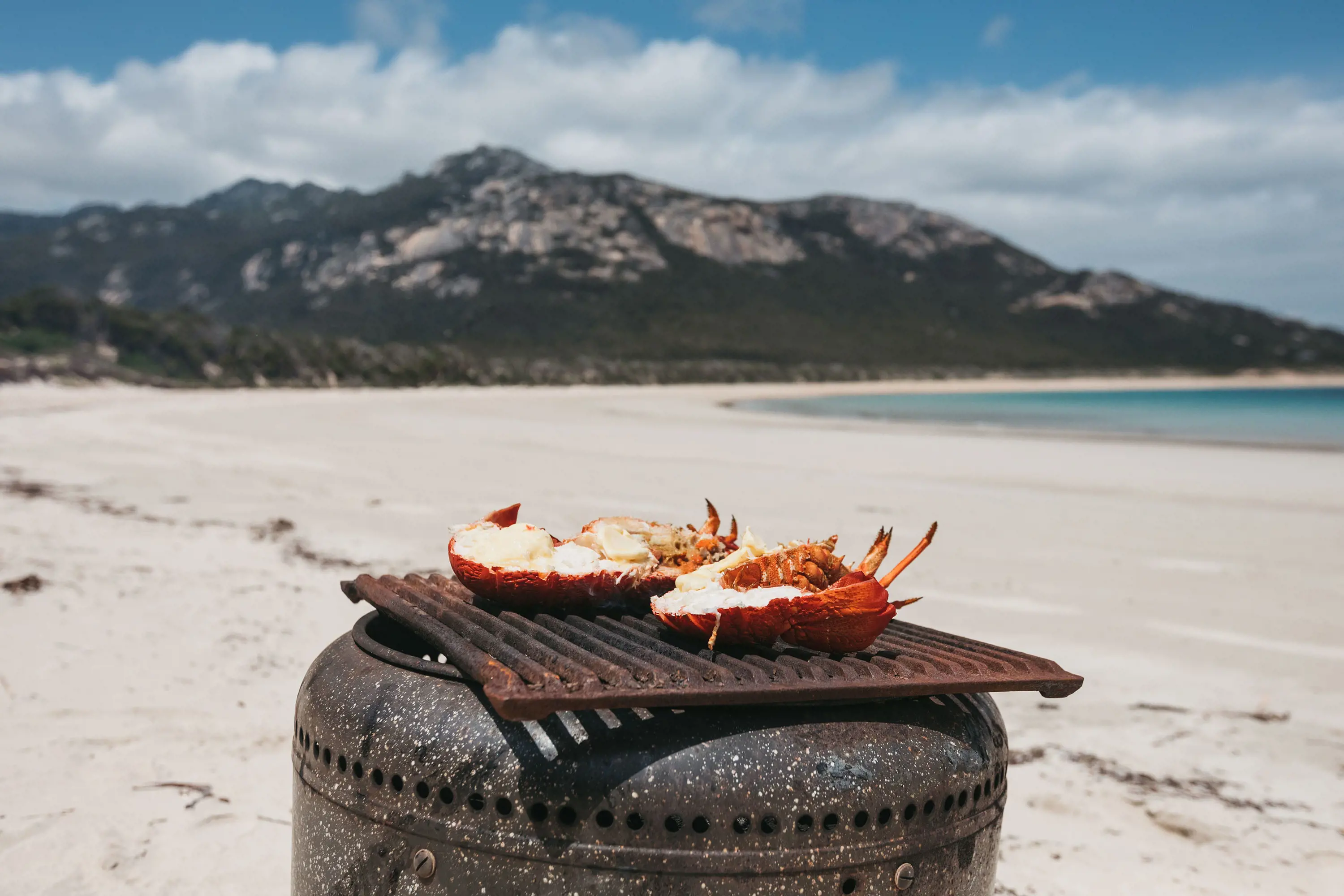 Two halves of a red lobster are cooking on a metal grille. The barbecue is sitting on the sand of a wide picturesque beach with mountains rising in the background.