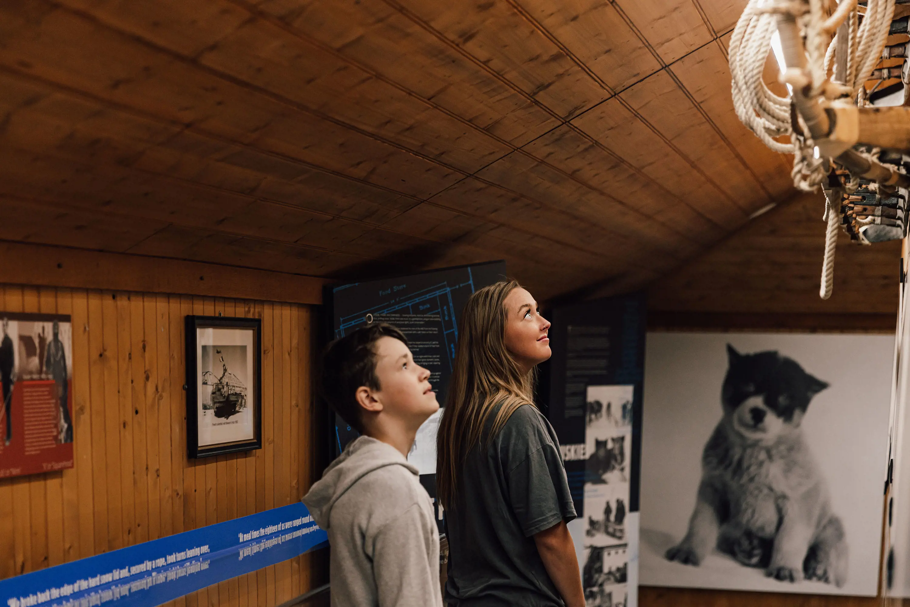 Two teenagers stand inside a small wooden-panelled room, looking up at something hanging from the wall. A picture of a husky puppy is on the wall behind them.