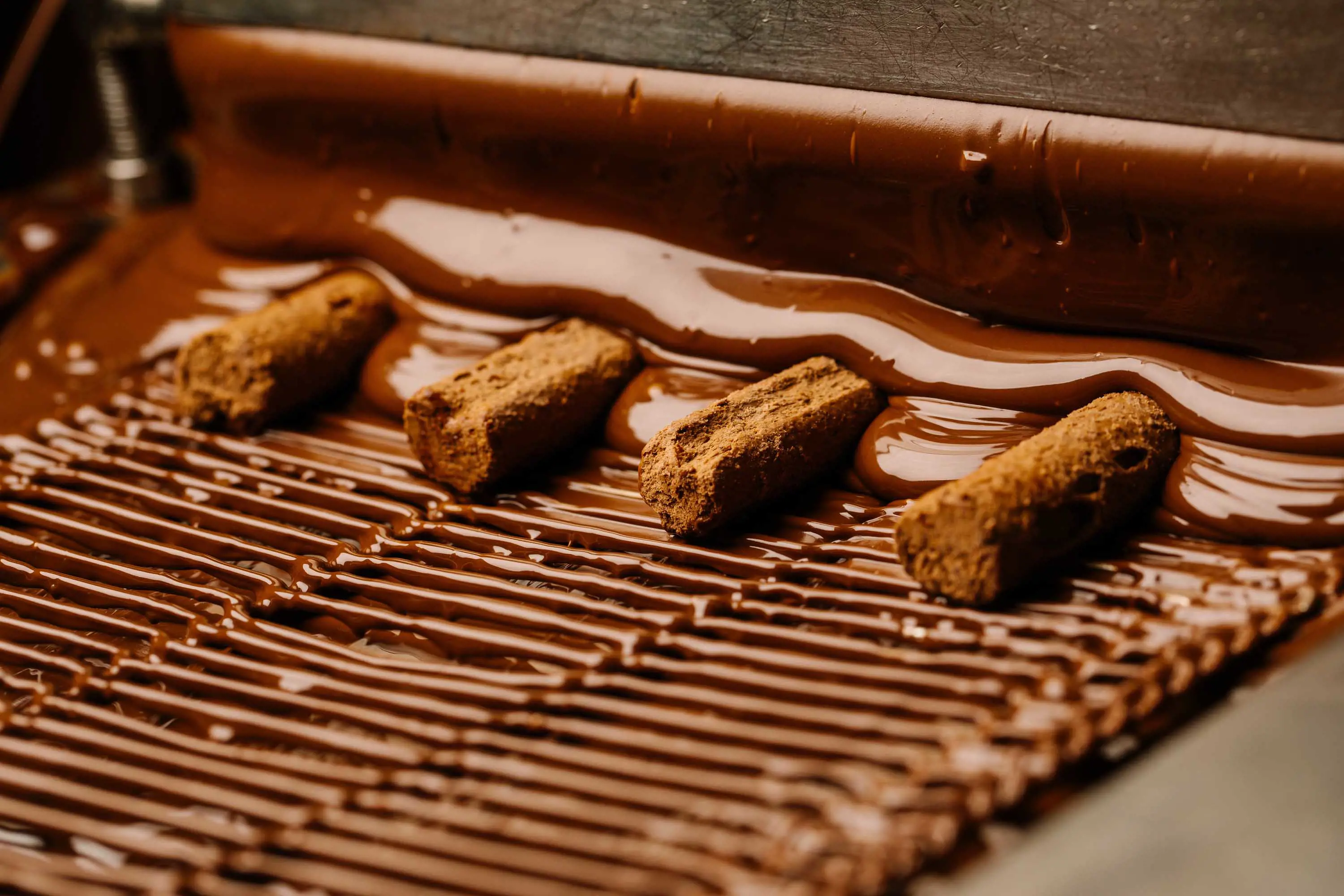 Truffles sitting on a small conveyor belt move through liquid chocolate.