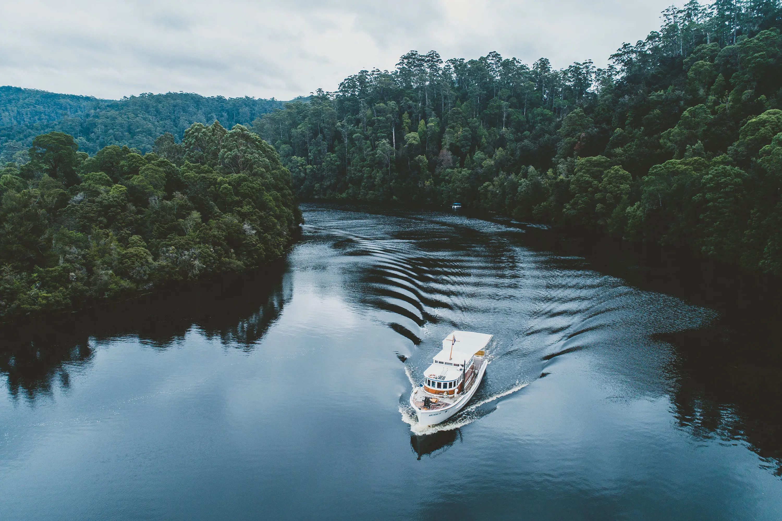 An aerial view of a white boat cruising down a glassy river. The river banks are thick, dark forest.