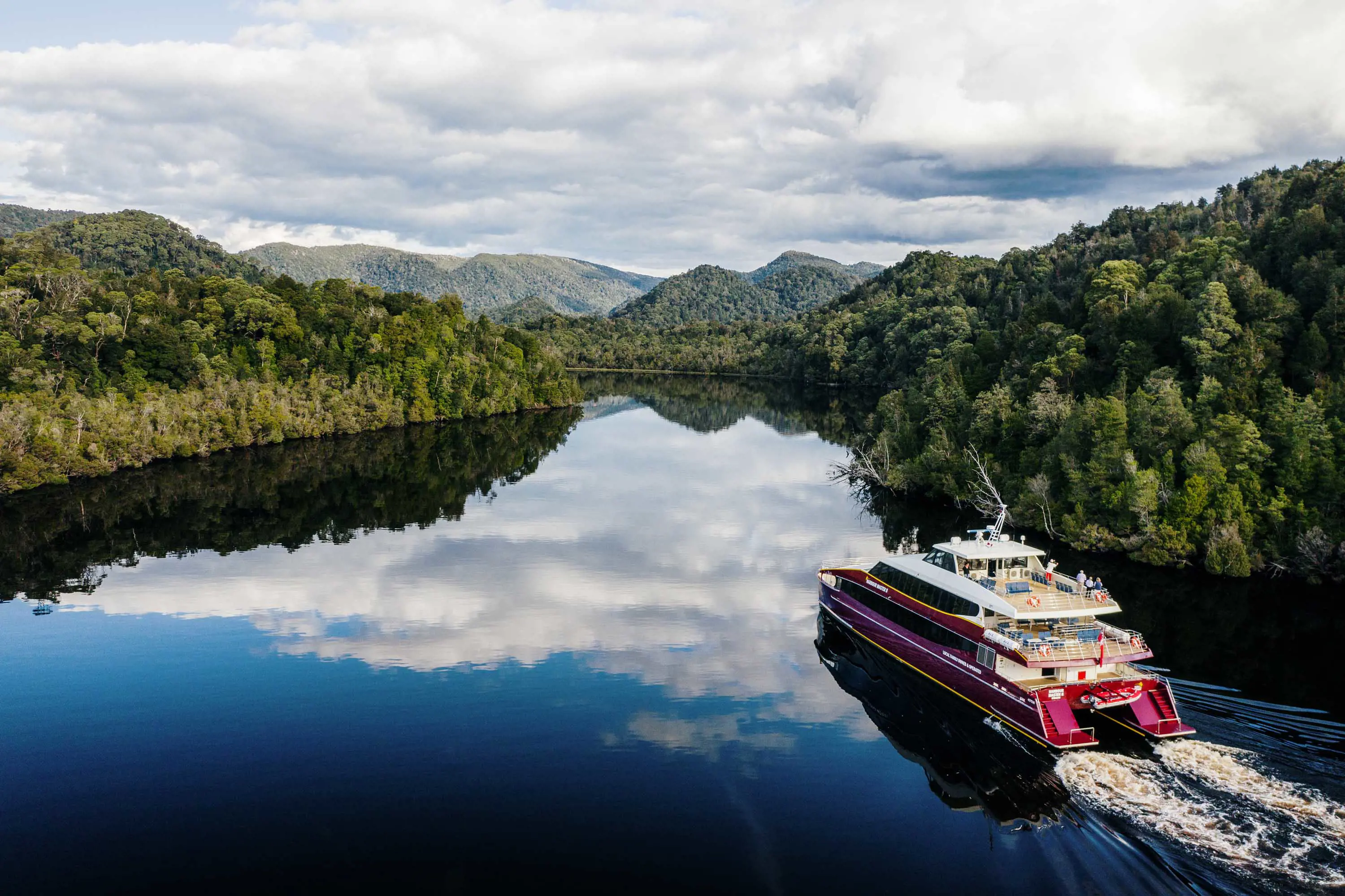 A large catamaran cruiser moves gently through glassy water up a river surrounded by dense forest.