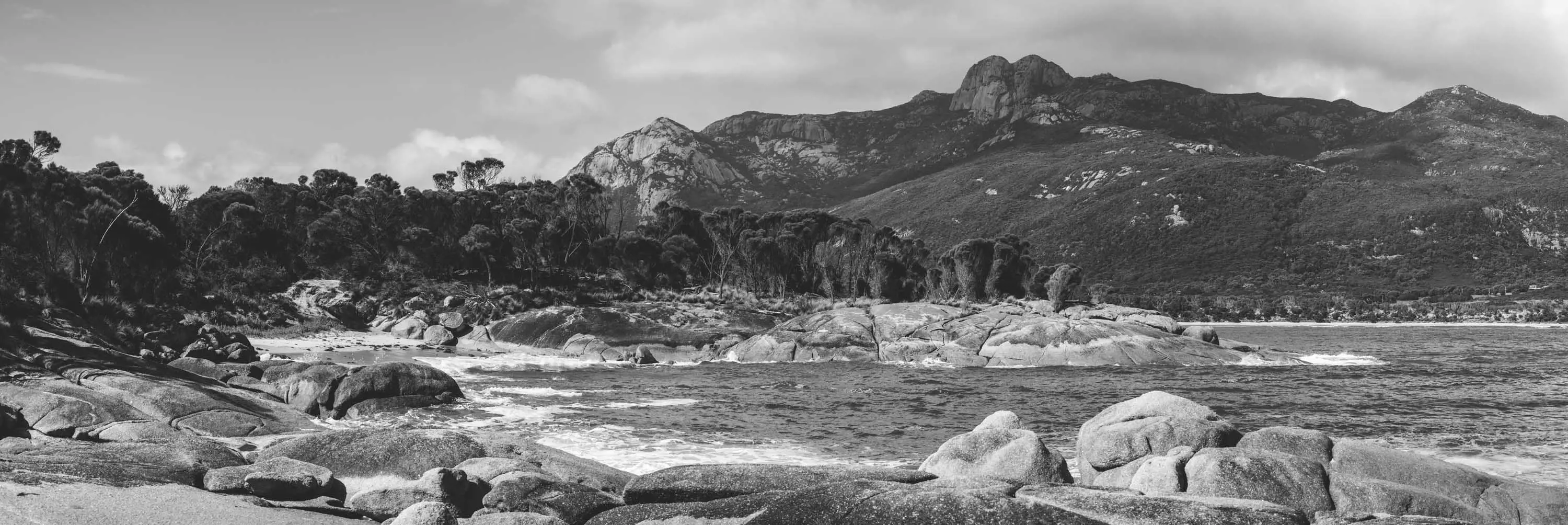 Stunning landscape image of Strzelecki Peaks from Trousers Point, with pristine, blue water and lush, green forest.