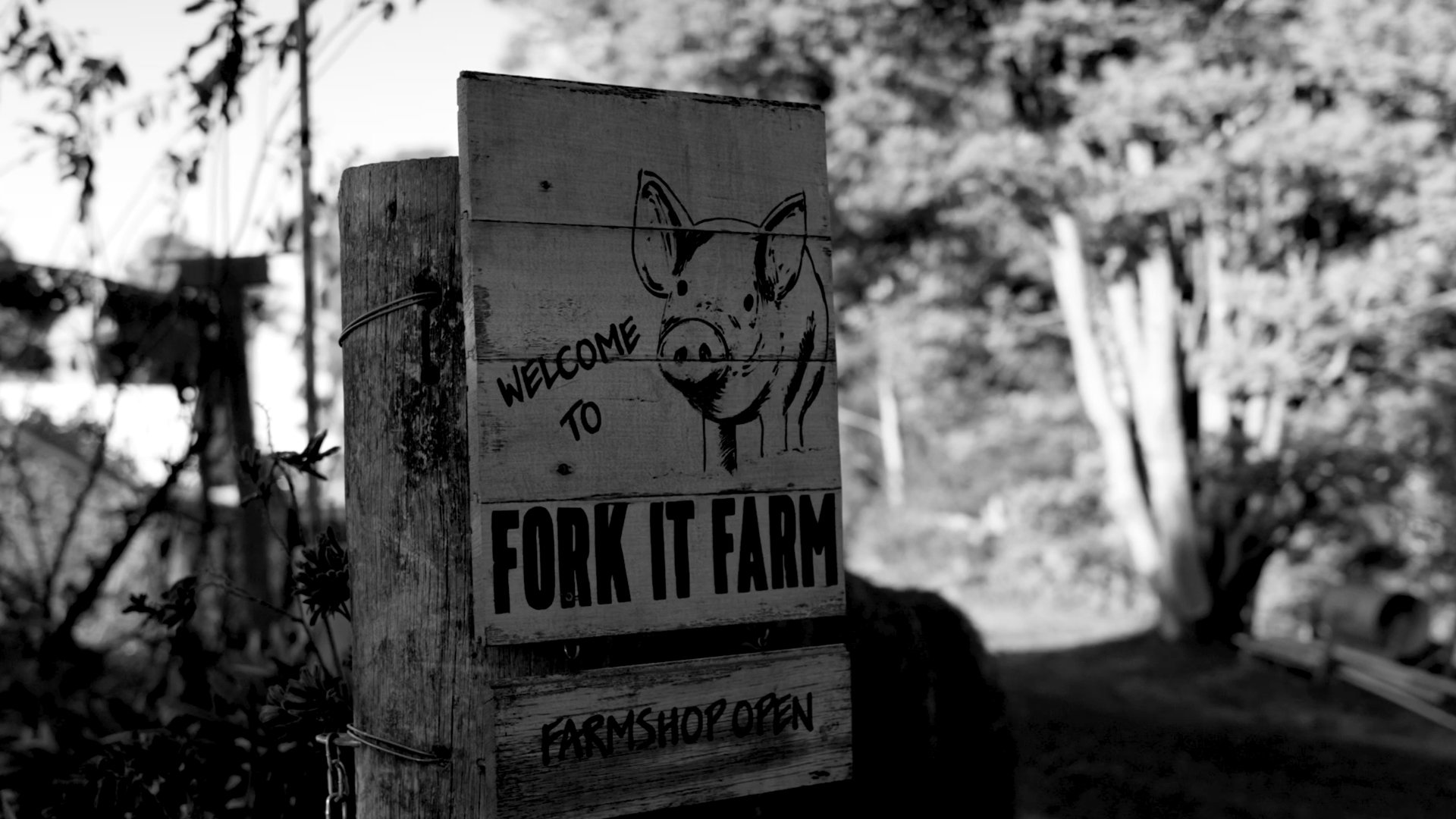 A hand painted, wooden sign that reads Welcome to Fork it Farm is attached to a large fence post.