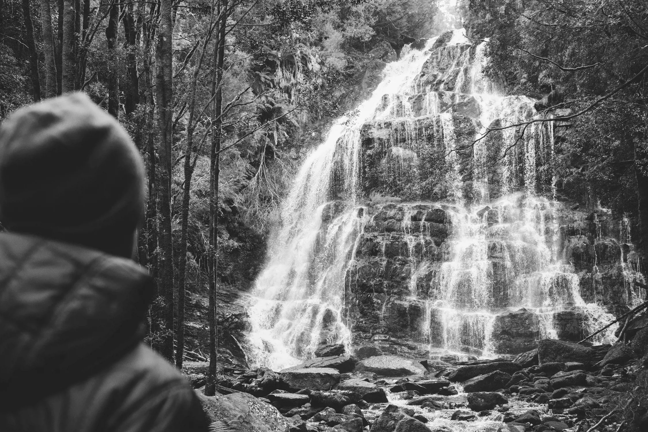 A majestic waterfall cascades down multiple rocky tiers surrounded by dense forest. A person in a warm jacket and beanie gazes at the sight, creating a sense of wonder and tranquility.