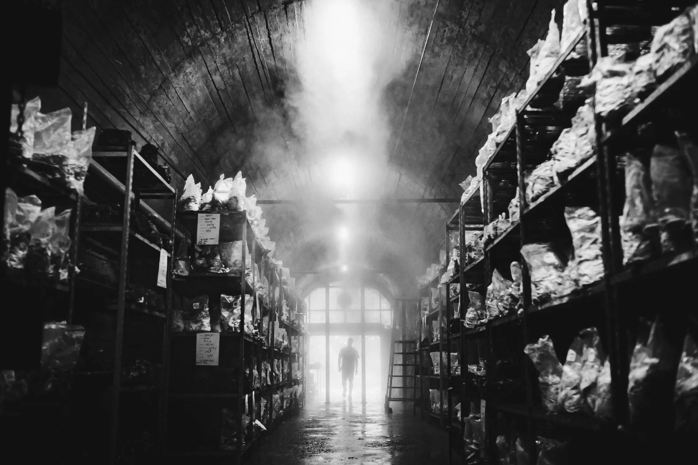 A dramatic black-and-white image of a long, high-ceilinged tunnel illuminated by bright light at the far end. Shelves line both sides of the tunnel, stacked with transparent bags containing growing mushrooms. A person is silhouetted, walking toward the exit, surrounded by mist.