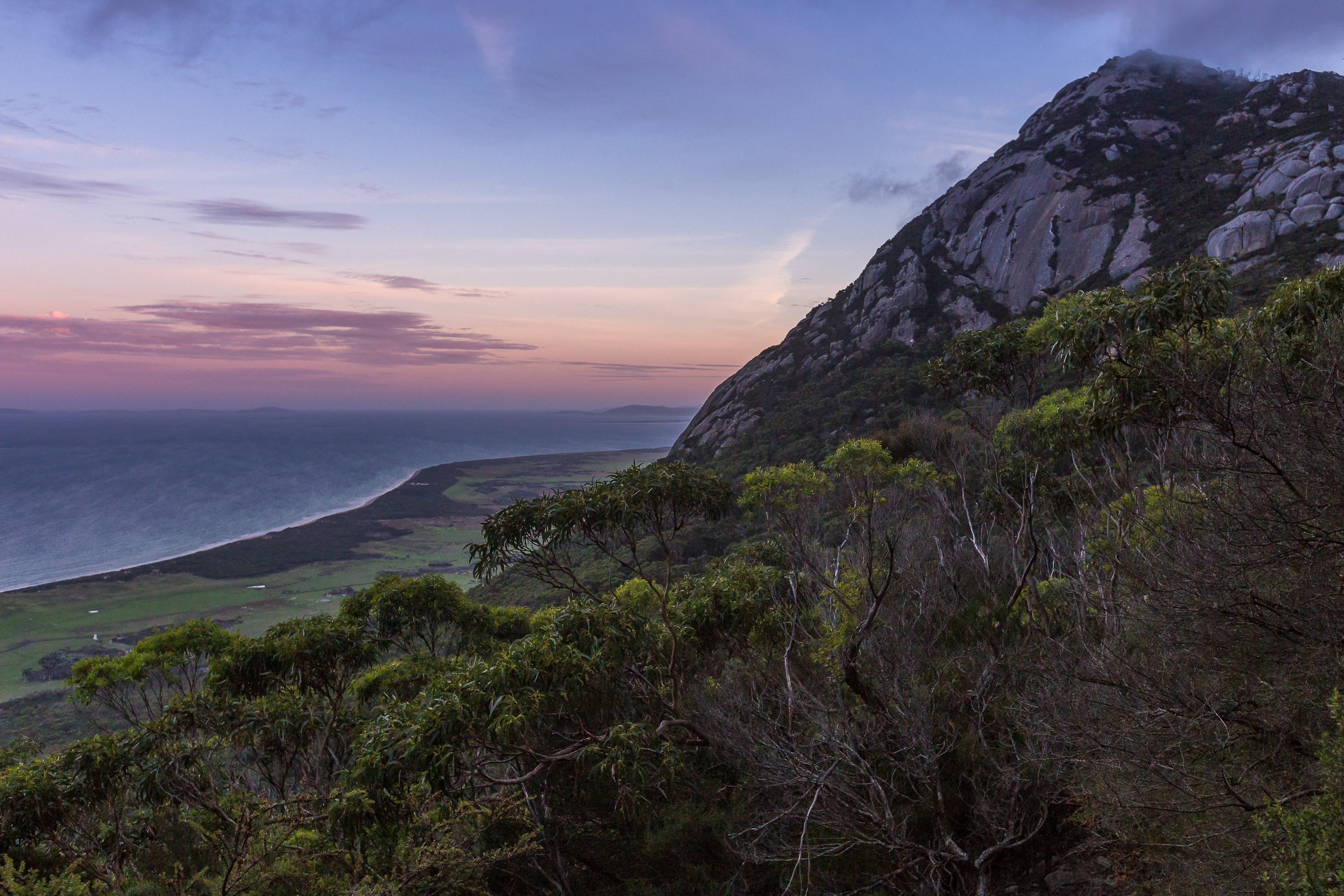 Breathtaking image of Mt Strzelecki, rising steeply from the coast. Bushland fills the foreground with the ocean in the background.