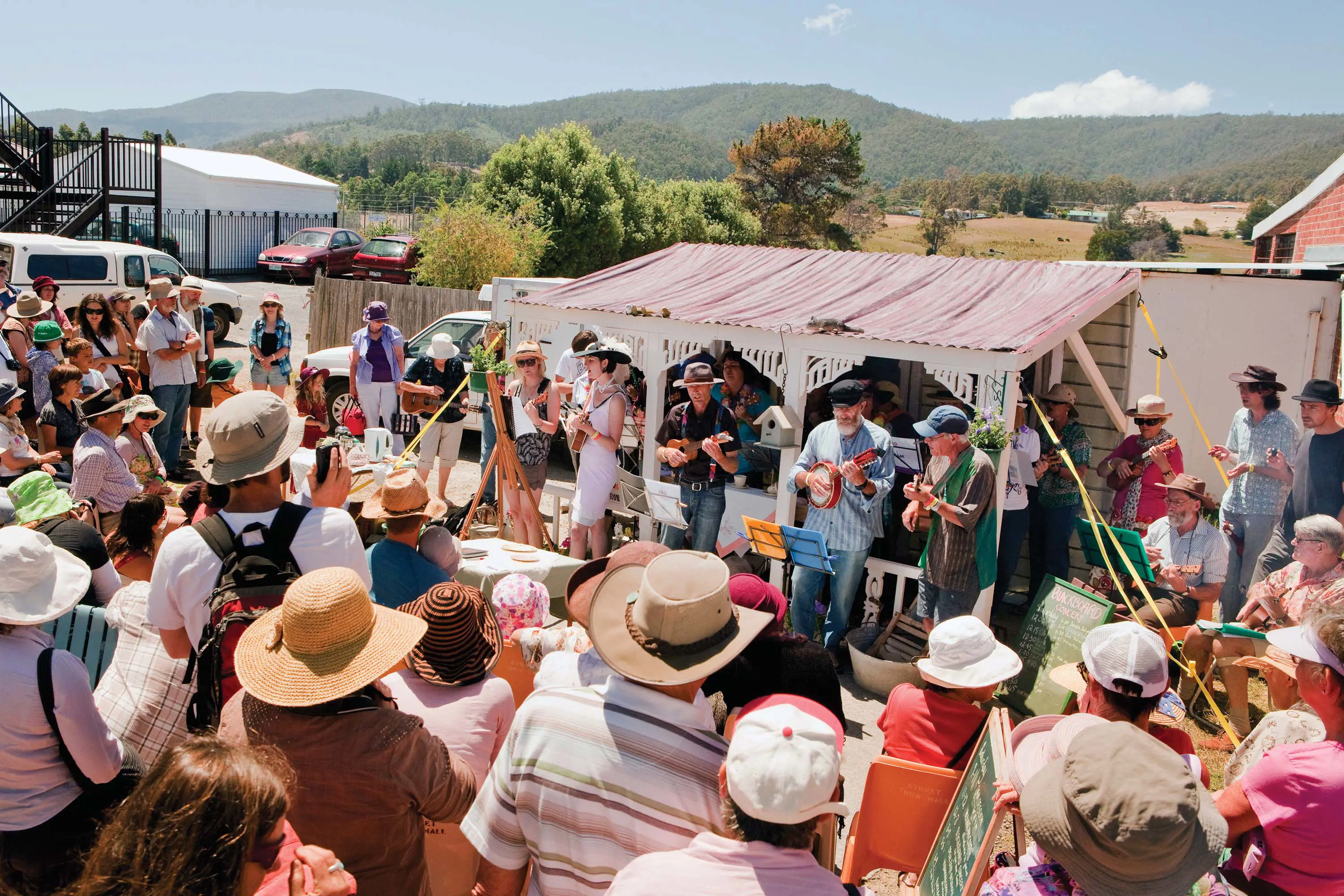 On a sunny day at an outdoors music festival, a crowd of people stand watching a group of folk musicians playing ukuleles and banjos together, mouths open mid-sing.