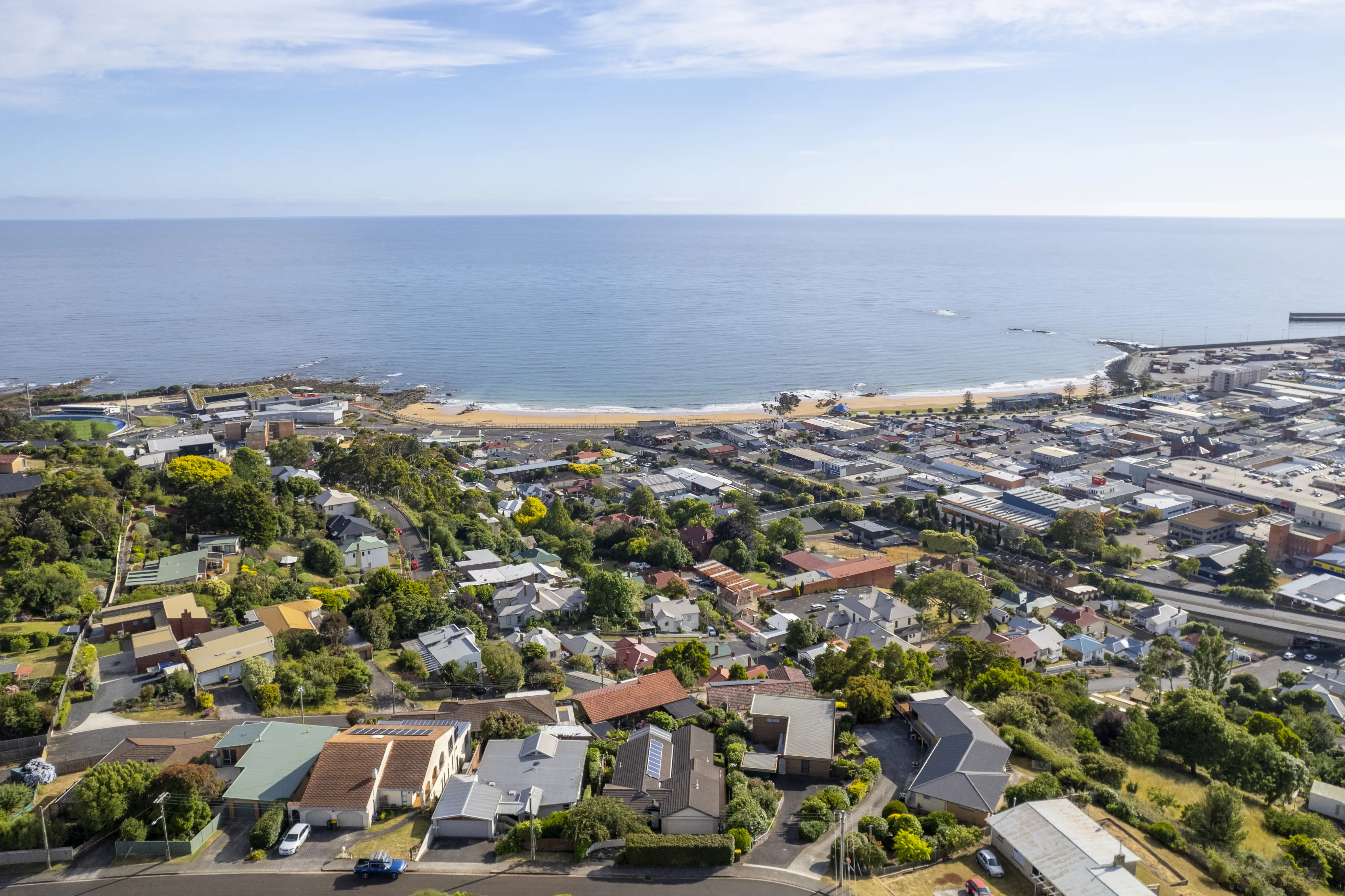 An aerial view of a beachside town.