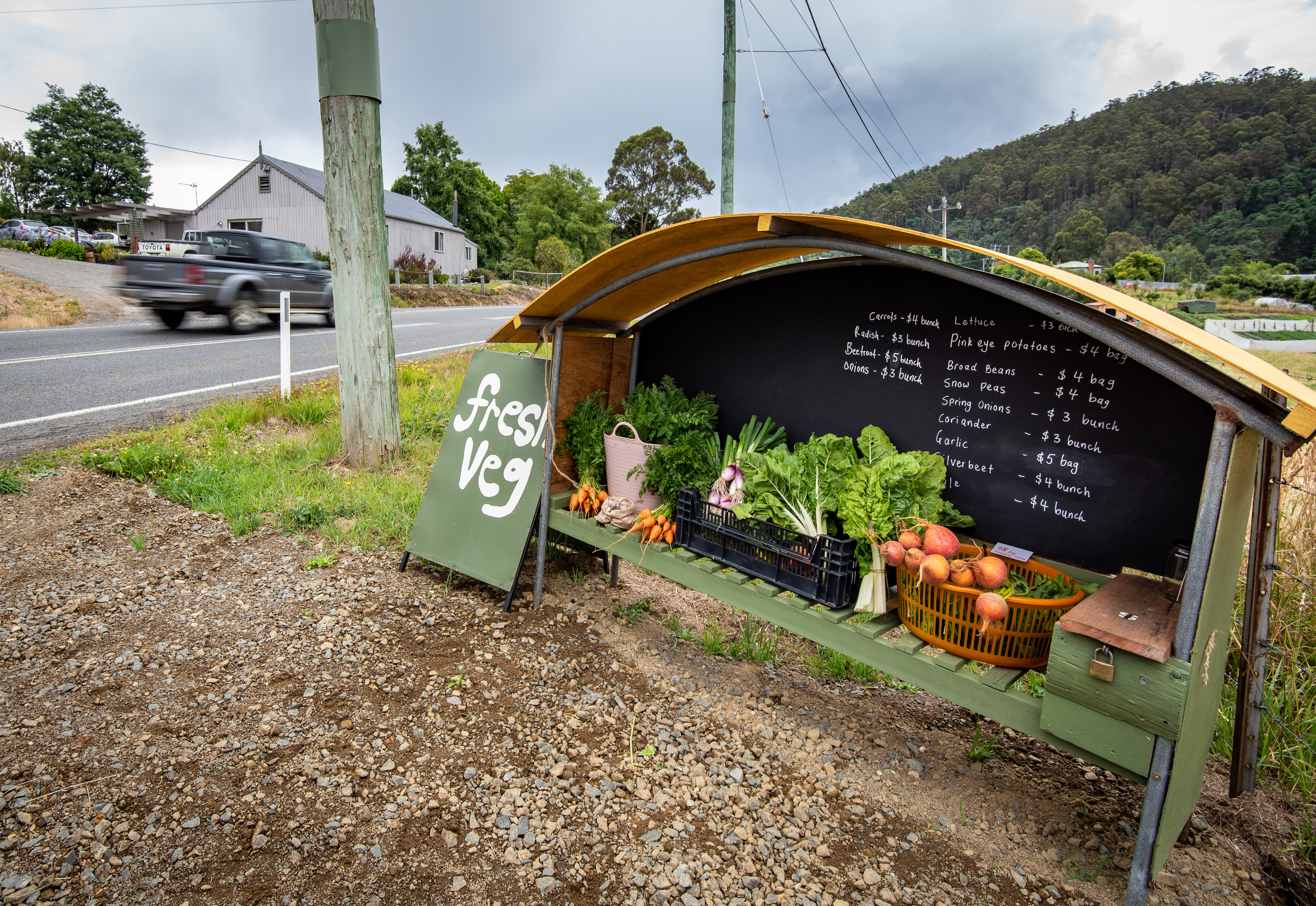 Fresh vegetable roadside stall, Cygnet.