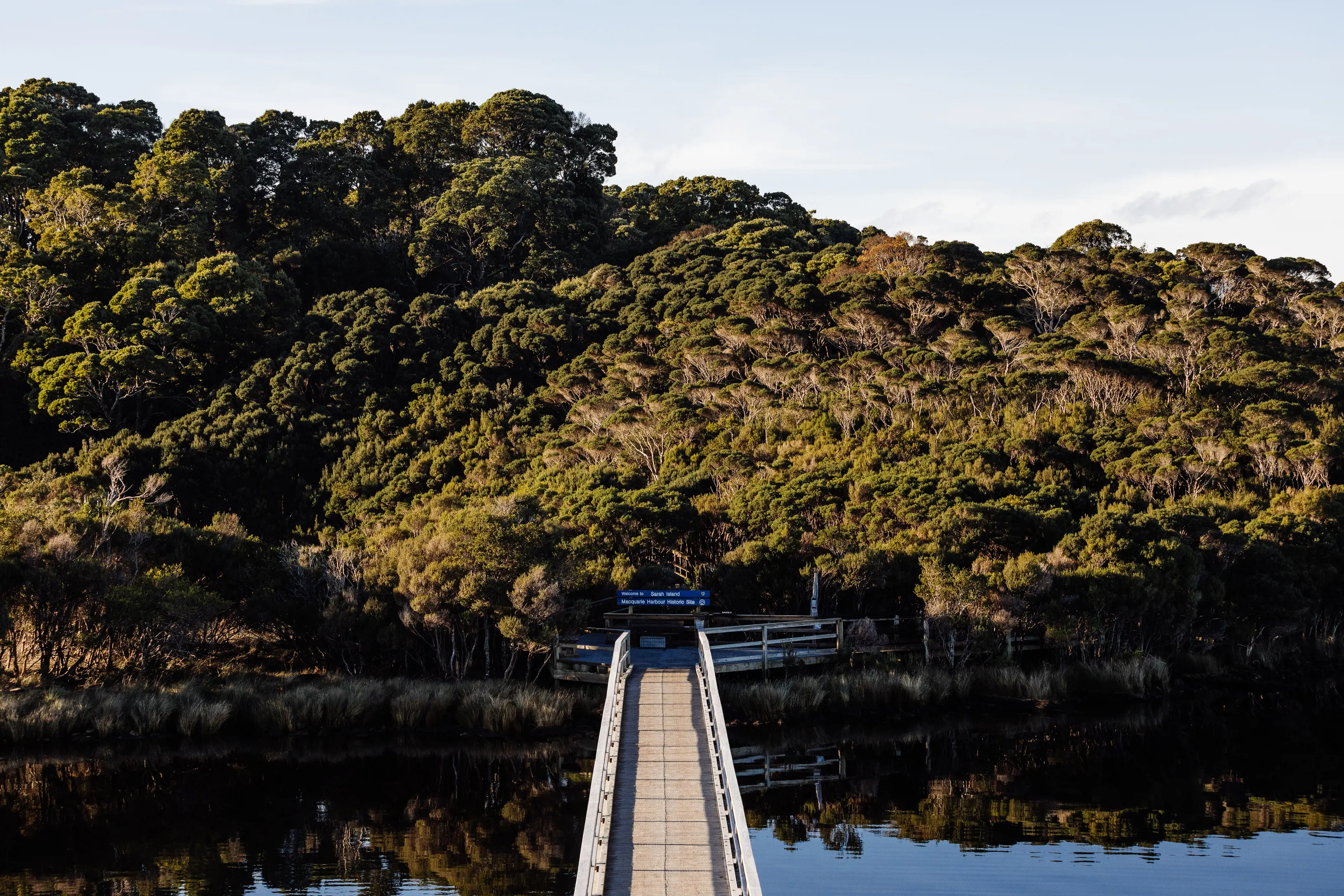 Beautiful high shot of the bridge leading to Sarah Island.