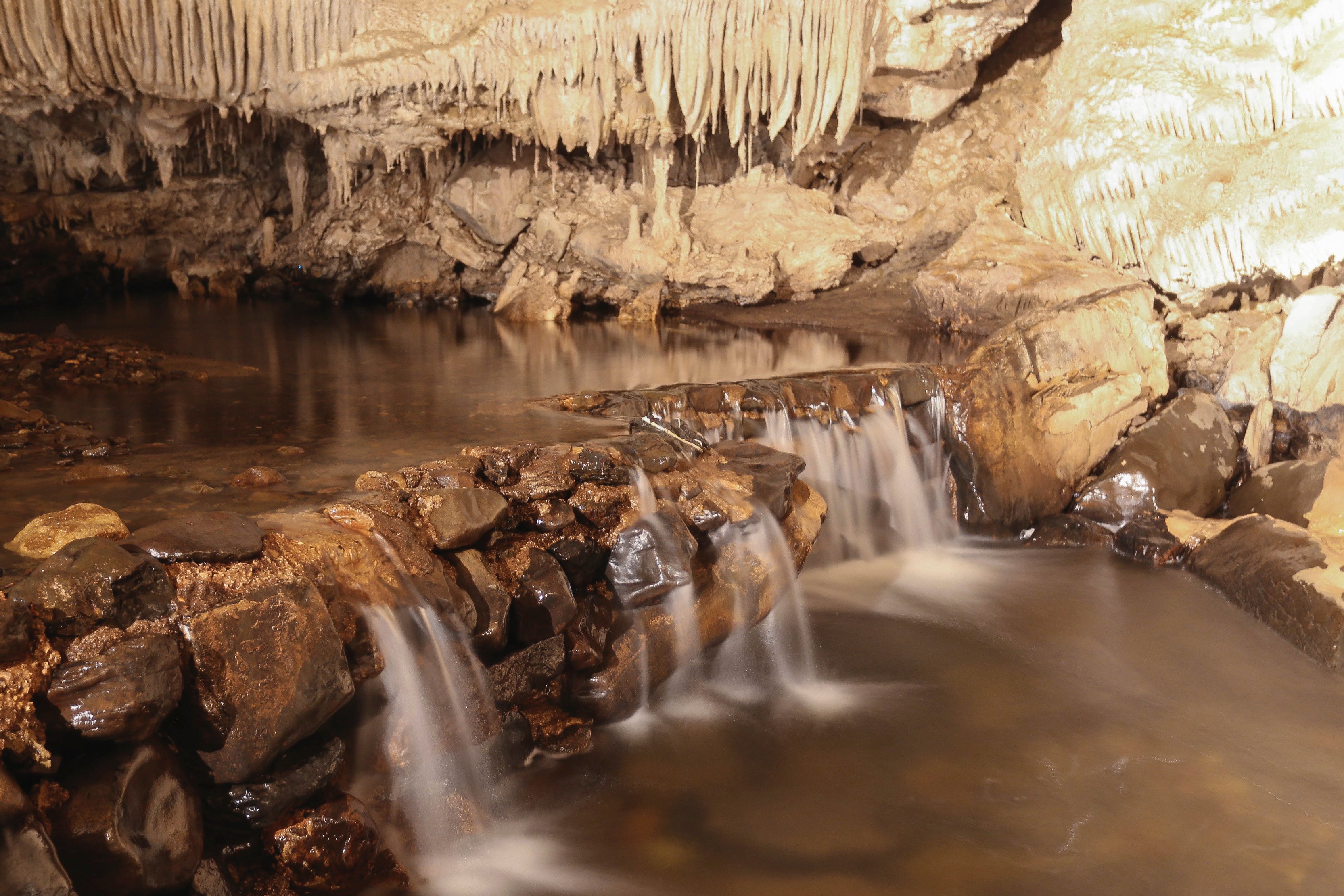 Explore mini waterfalls in Mole Creek Caves