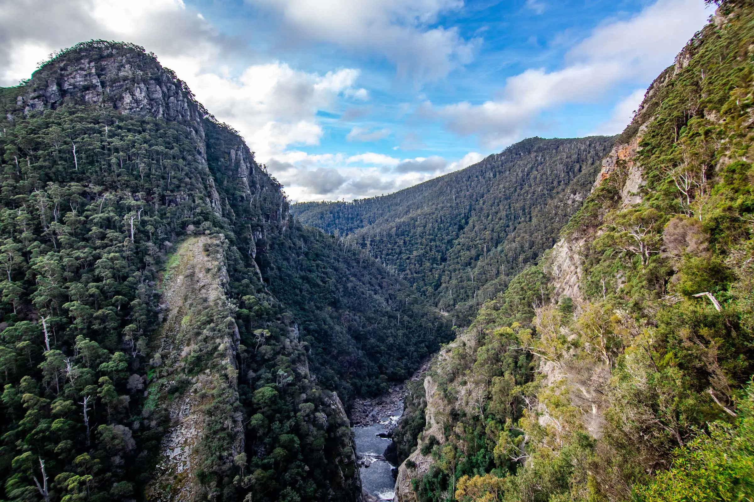 A dramatic canyon formed by two steeply rising cliffs covered in bush. A river runs between the two peaks.