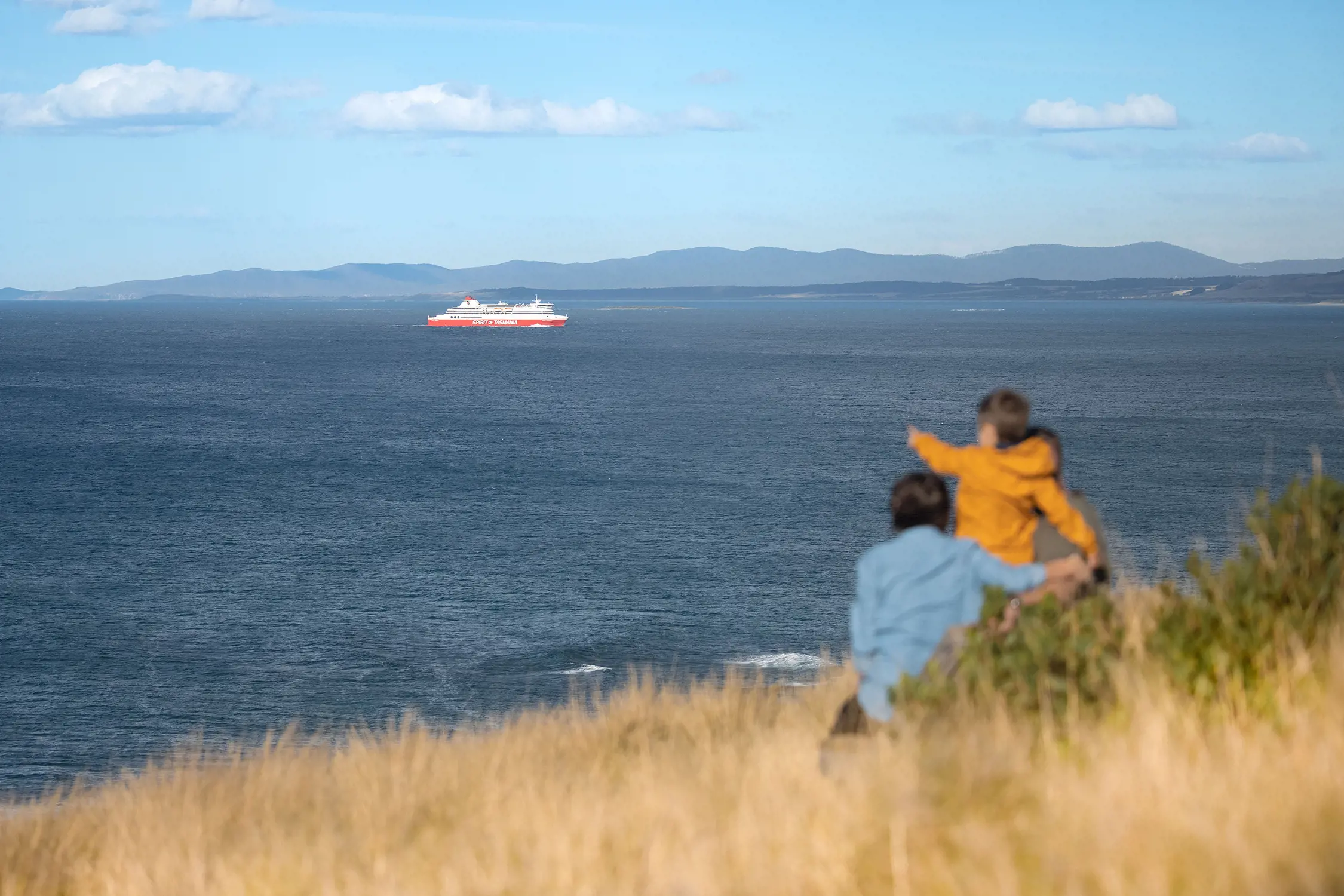 A child and parent stand on a grassy hill overlooking the Bass Strait waters, looking out and pointing to the red and white Spirit of Tasmania ferry in the distance.