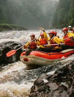 A group of rafters in brightly-coloured safety gear and helmets paddle their raft over fast moving rapids between rocks. 